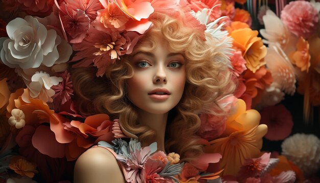 Foto una ragazza bionda carina che sorride circondata da fiori autunnali generati dall'intelligenza artificiale