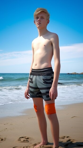 Cute blond teen boy in yellow swim shorts relaxing at the sand beach against white h Generative AI