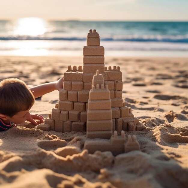 Фото Милая блондинка копает песчаный замок на берегу воды.
