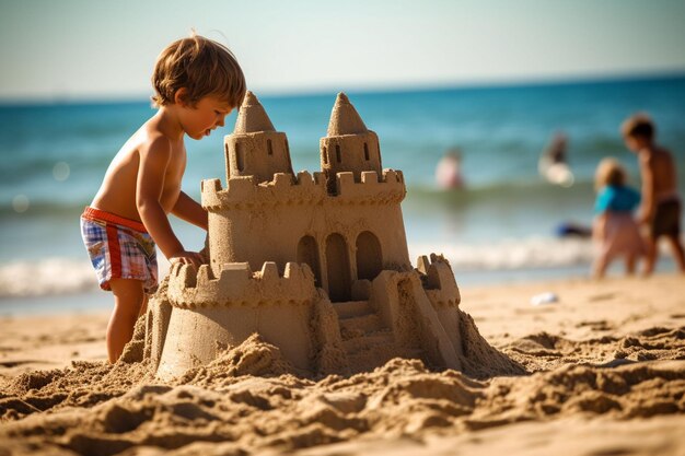 Cute blond toddler digging sandcastle at waters edge