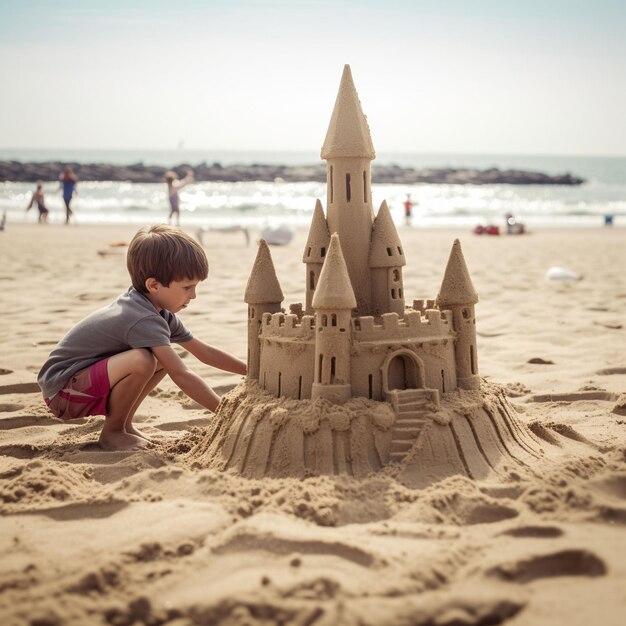 Cute blond toddler digging sandcastle at waters edge