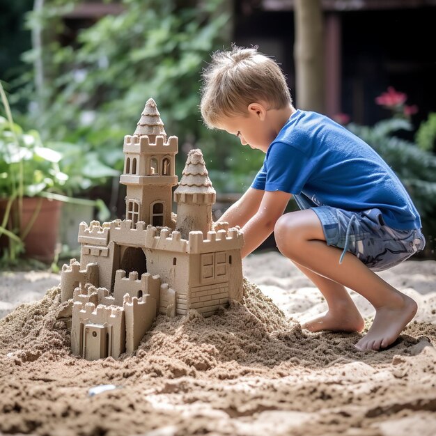 水辺で砂の城を掘るかわいい金髪の幼児