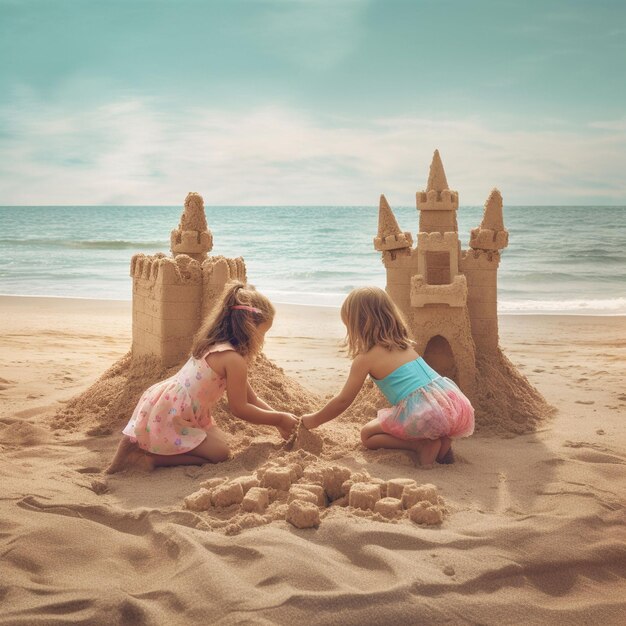 Cute blond toddler digging sandcastle at waters edge