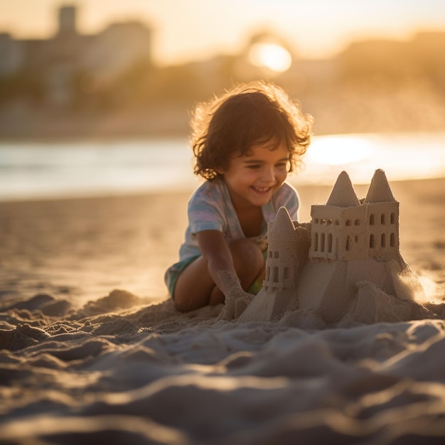 Cute blond toddler digging sandcastle at waters edge