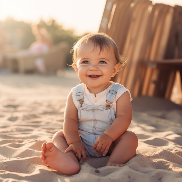 Cute blond toddler digging sandcastle at waters edge