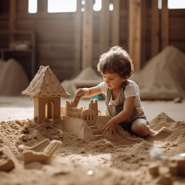 水辺で砂の城を掘るかわいい金髪の幼児