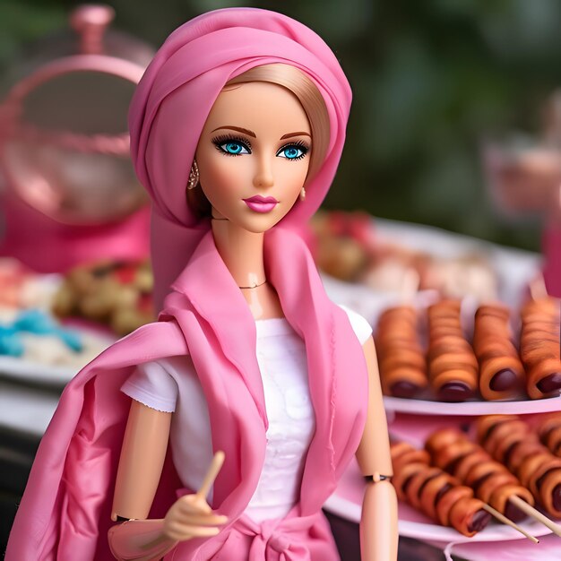 Cute blonde Barbie wearing a pink clothes with sweet food against blurred background Side view