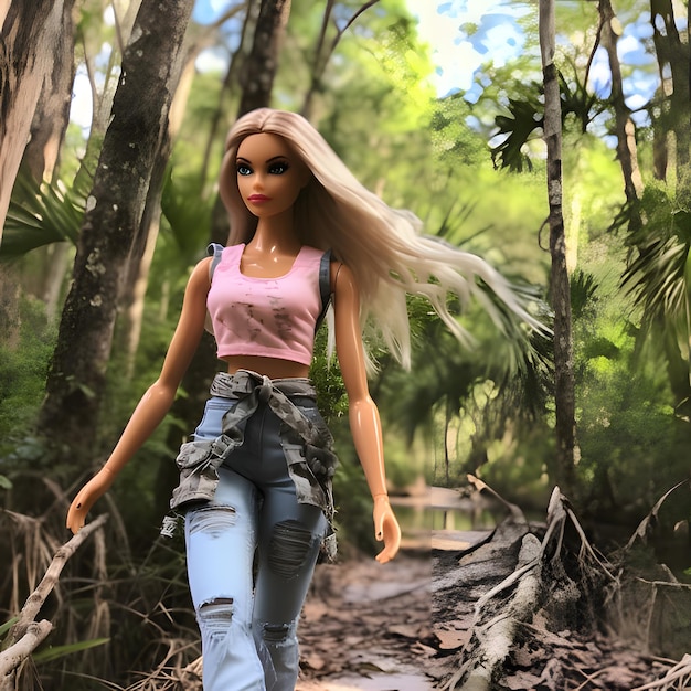 Симпатичная блондинка Барби в розовой одежде на фоне джунглей, вид спереди