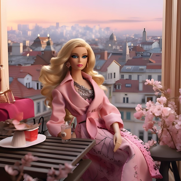 ピンクの服を着たかわいい金髪のバービー人形が街の背景に飲み物を持ってポーズをとる