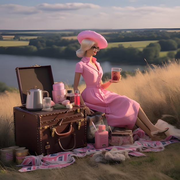 Cute blonde Barbie wearing a pink clothing posed with luggage on picnic against nature landscape background Front view