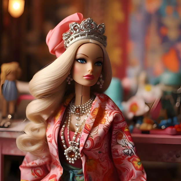 Cute blonde Barbie wearing a pink clothing with jewelry against blurred background Front view
