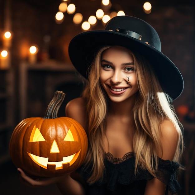 cute blonde girl in a black hat smiles and holds a pumpkin in her hands