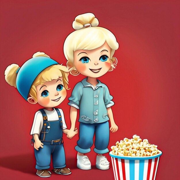 a cute blonde girl and boy standing next to a bowl of popcorn on a blue background