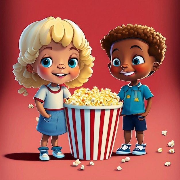 a cute blonde girl and boy standing next to a bowl of popcorn on a blue background