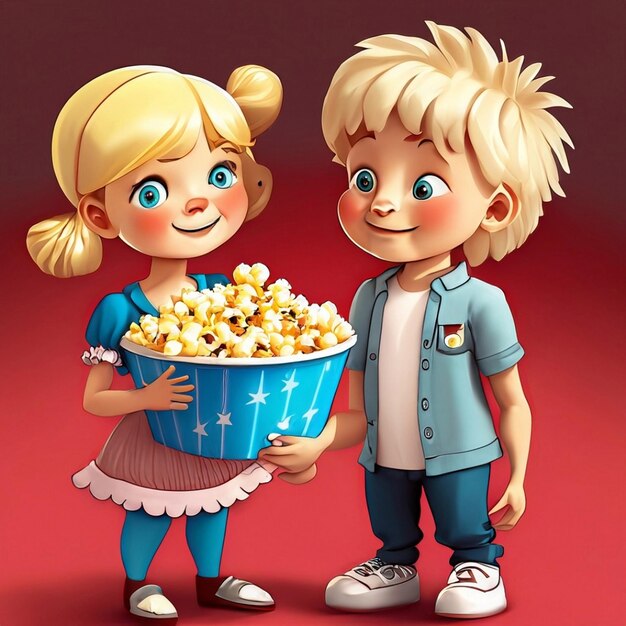 a cute blonde girl and boy standing next to a bowl of popcorn on a blue background