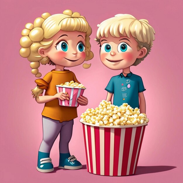 a cute blonde girl and boy standing next to a bowl of popcorn on a blue background