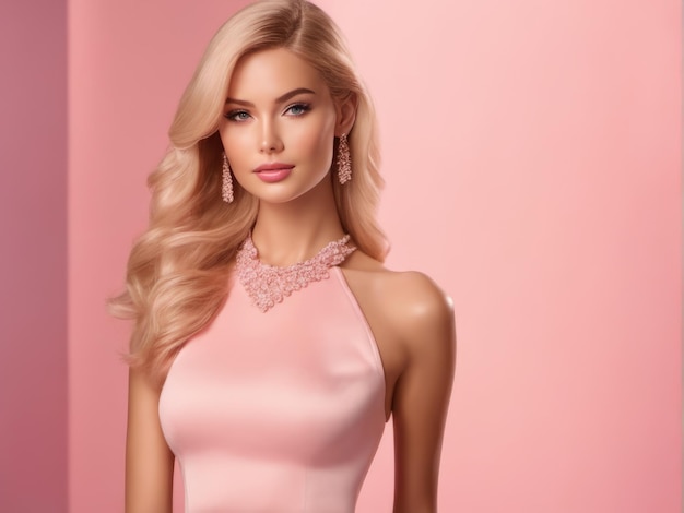 패션 핑크 드레스 스튜디오 핑크 파스텔 배경에 귀여운 금발 소녀 인형 스타일