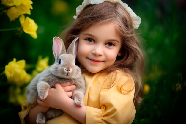 Cute blonde girl embracing a bunny in a garden