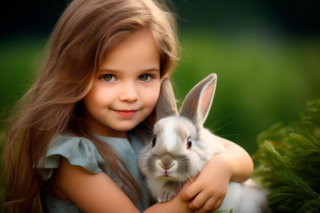 Photo cute blonde girl embracing a bunny in a garden