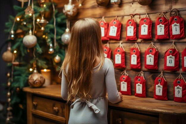 Photo a cute blonde girl examines and removes gifts from the advent calendar expectations