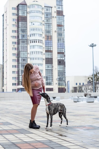 Foto ragazza bionda carina tiene un cane whippet al guinzaglio in città