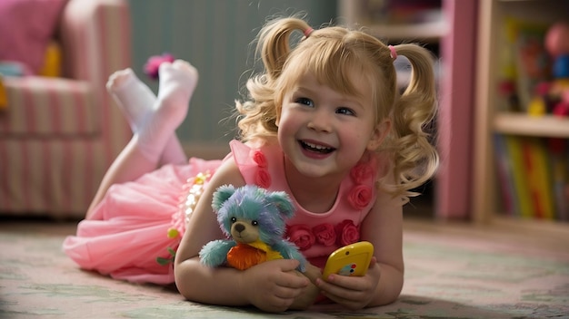 Cute blonde girl playing on floor