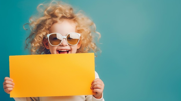 Cute blonde girl with curly hair wearing sunglasses laughing holding a white blank sheet for an ad on a blue background in the studio space for text Generated by artificial intelligence