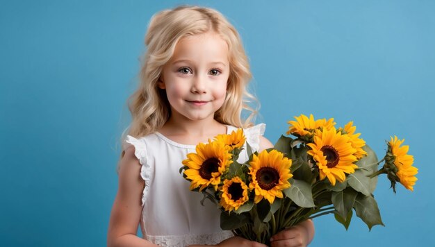 Cute blonde little girl in white dress with sunflowers in hand AI generate