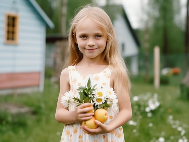 Фото Симпатичная блондинка, улыбающаяся девушка, портрет в весеннем саду, созданная искусственным интеллектом в высоком качестве