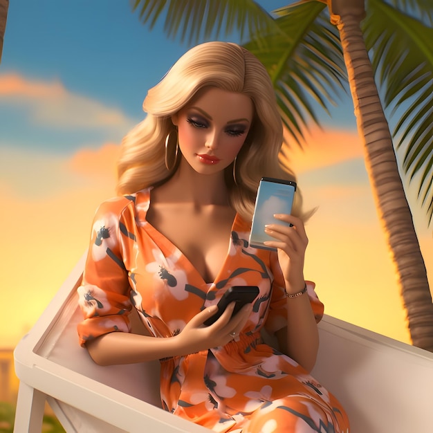 Cute blondie Barbie wearing floral outfit is sitting on a beach chair against blurred beach background