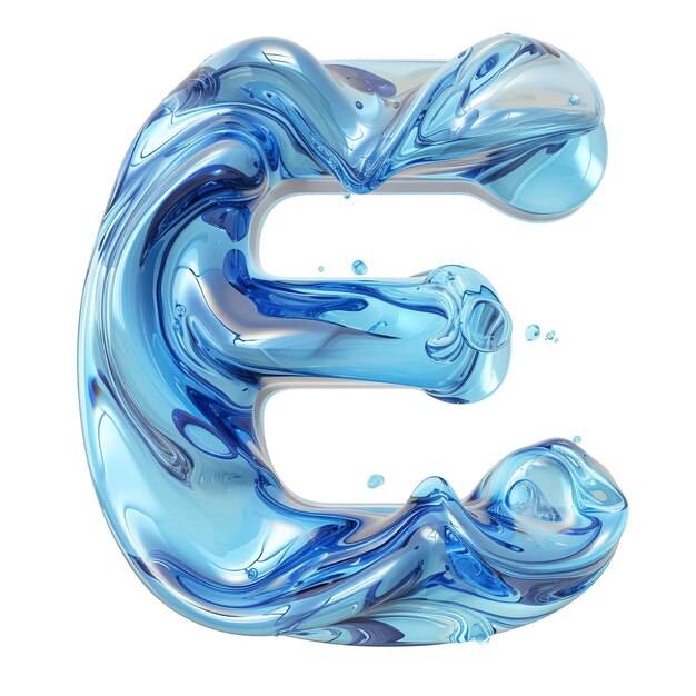 Милый синий алфавит E в форме жидкости на белом фоне