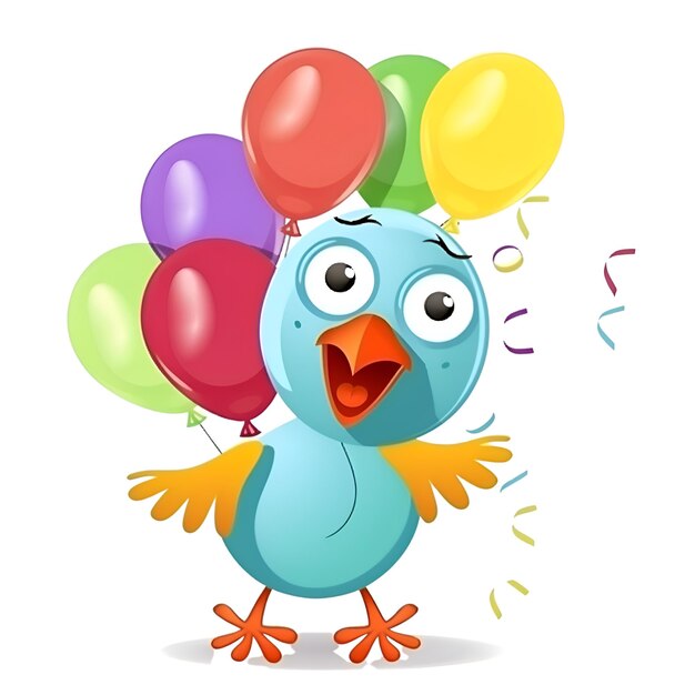 Cute blue bird with colorful balloons on white background Vector illustration