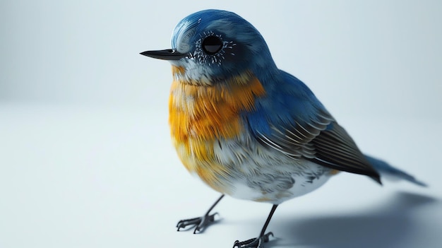 A cute blue bird with yellow belly standing on a white surface and looking at the camera It has black eyes and a black beak