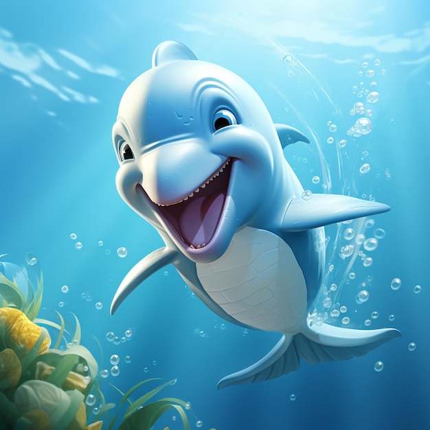 Cute blue cartoon dolphin character stylized stock photos ai generated art