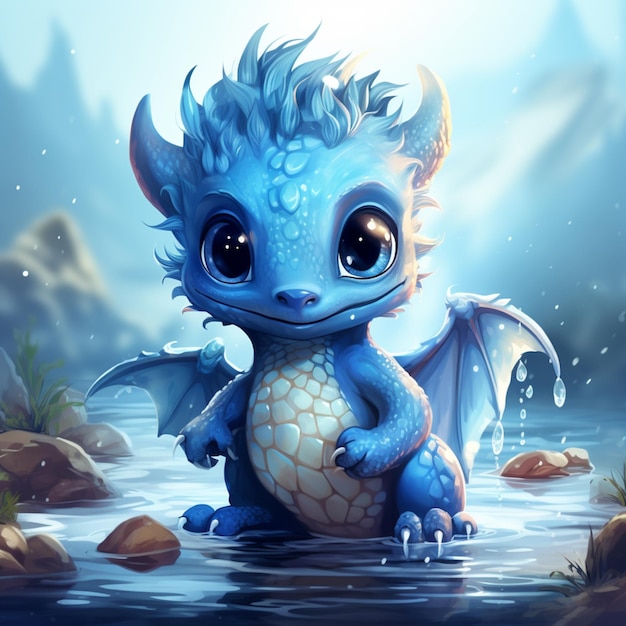 Cute blue chibi little dragon fantasy illustration Ai generated art