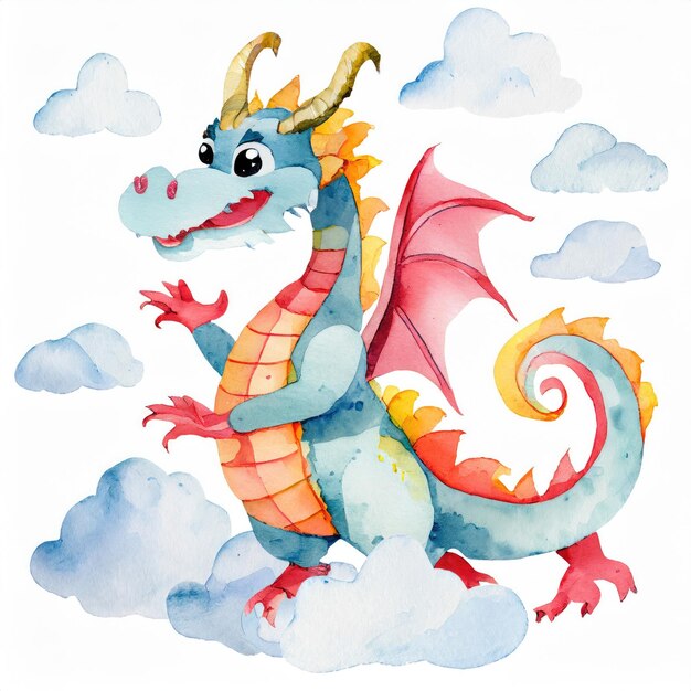 Cute Blue Dragon with watercolor on white background Year of the Dragon AI generated