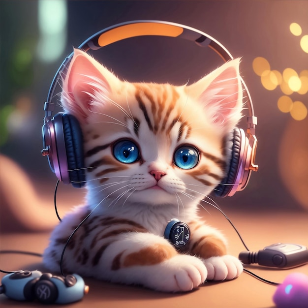 A cute blue eyed kitten wearing headphones on soft light background Generative AI