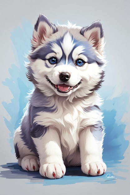 Cute blue eyed puppy Siberian husky smiling