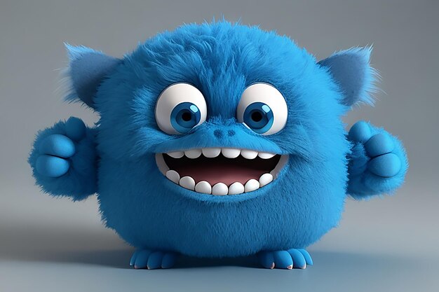 Cute blue furry monster 3d cartoon character ai generated