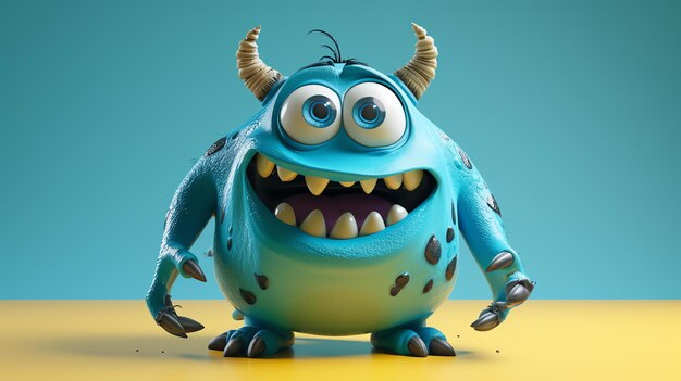 Photo cute blue fuzzy monster with big eyes and sharp teeth it is standing on a yellow surface and has its hands in front of it