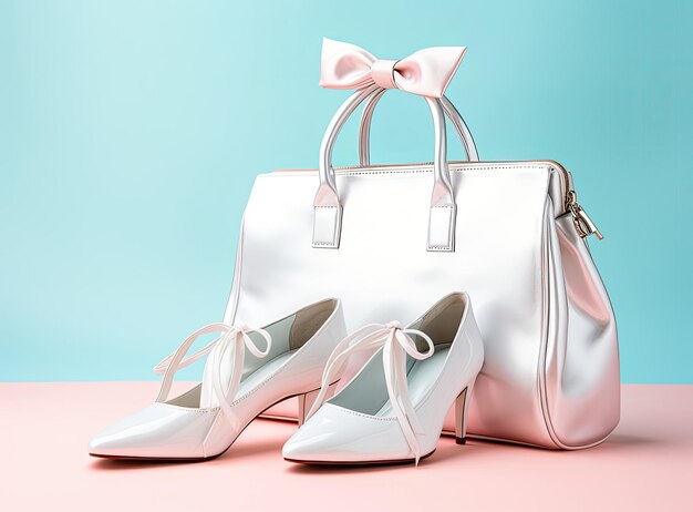 Photo cute blue ladies bag and stylish golden shoes flat lay top view spring fashion concept in pastel colored created with generative ai technology