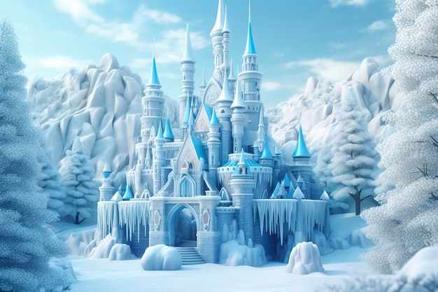 귀여운 파란색 마법의 얼음 성 판타지 눈 덮인 풍경 산 겨울 숲의 겨울 성 AI 생성