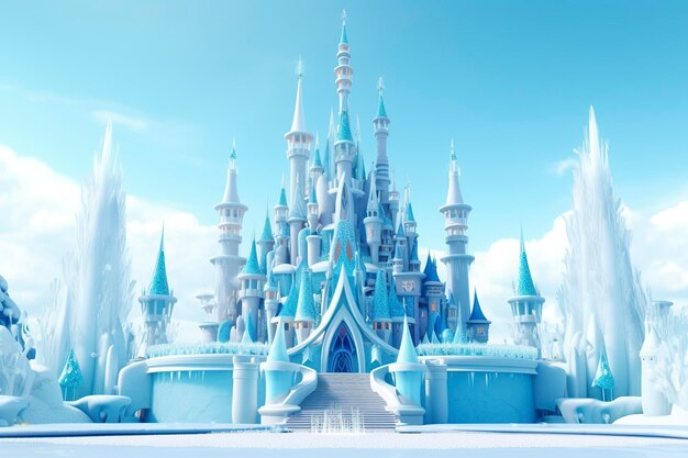 Cute blue magic ice castle fantasy snowy landscape winter castle on the mountain winter forest ai generative