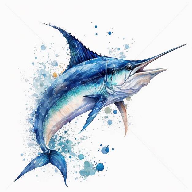 Foto un simpatico pesce marlin azzurro, acquerelli, sfondo bianco