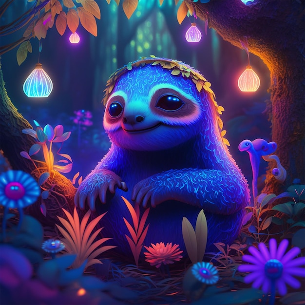 Cute blue sloth in fantasy forest