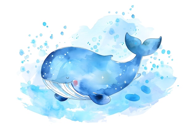 Cute Blue Whale Illustration in Watercolor Style by Xing Xing