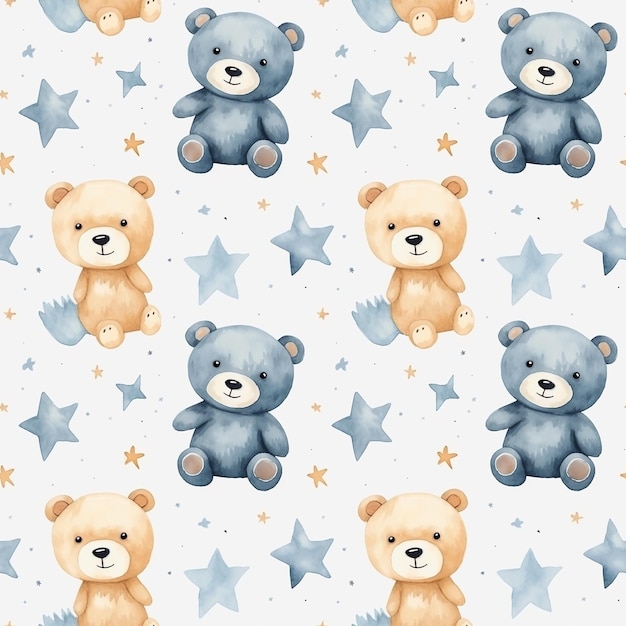 Photo cute boho style watercolor bears and stars seamless pattern