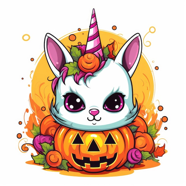 Cute Bold Outline HalloweenThemed Vector Design with Colorful Kawaii Unicorn on White Background