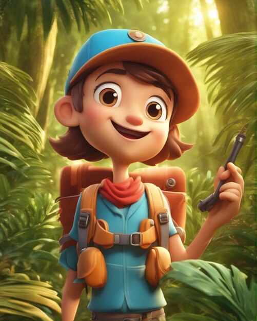 Cute boy 3d cartoon standing isolated on blur jungle background