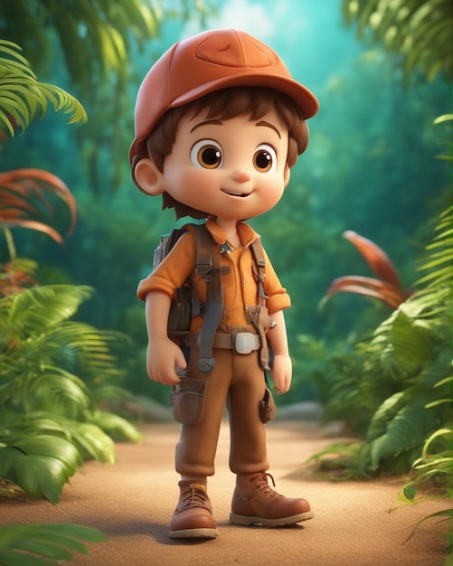 Photo cute boy 3d cartoon standing isolated on blur jungle background